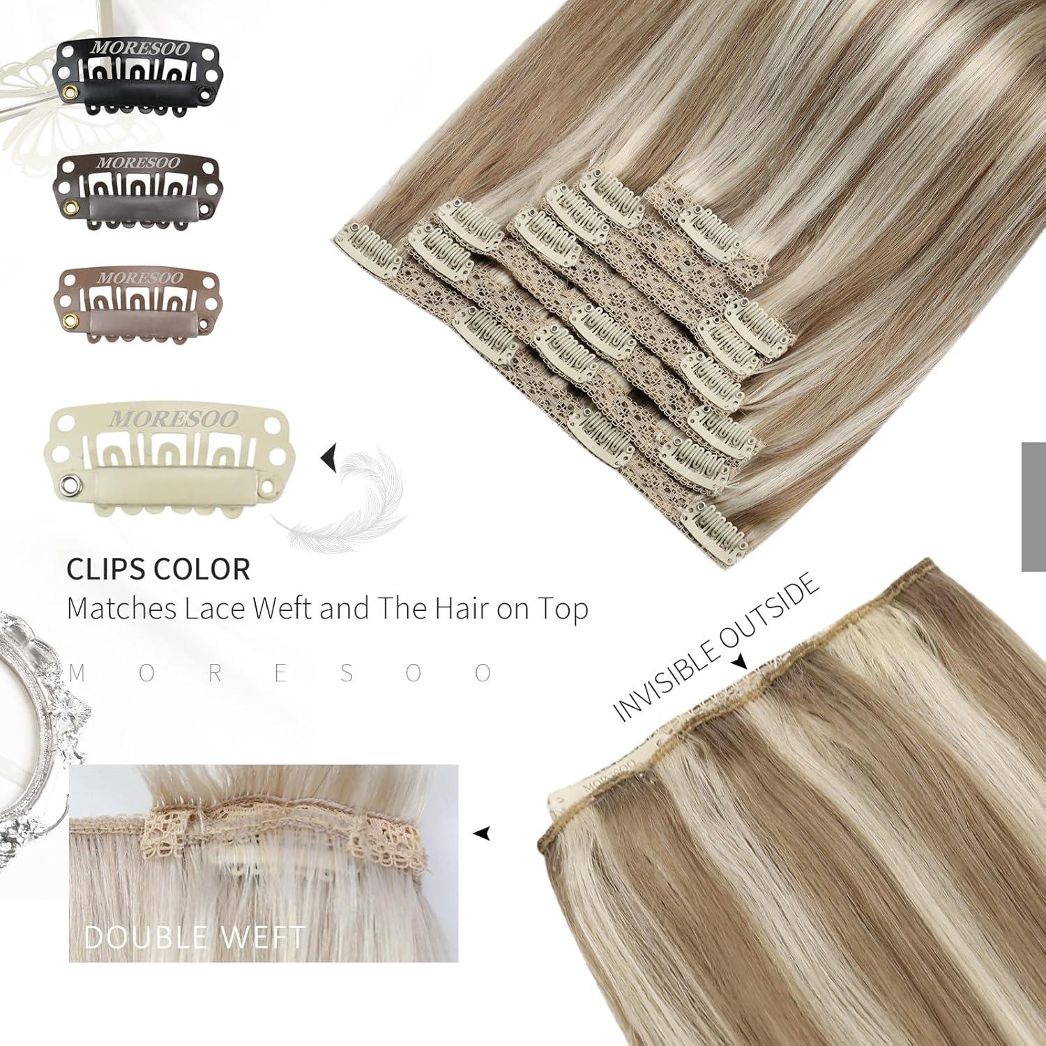 imageMoresoo Clip in Hair Extensions Human Hair Light Brown with Blonde Real Hair Extensions Clip in Human Hair Blonde Highlight 2packs 16inch