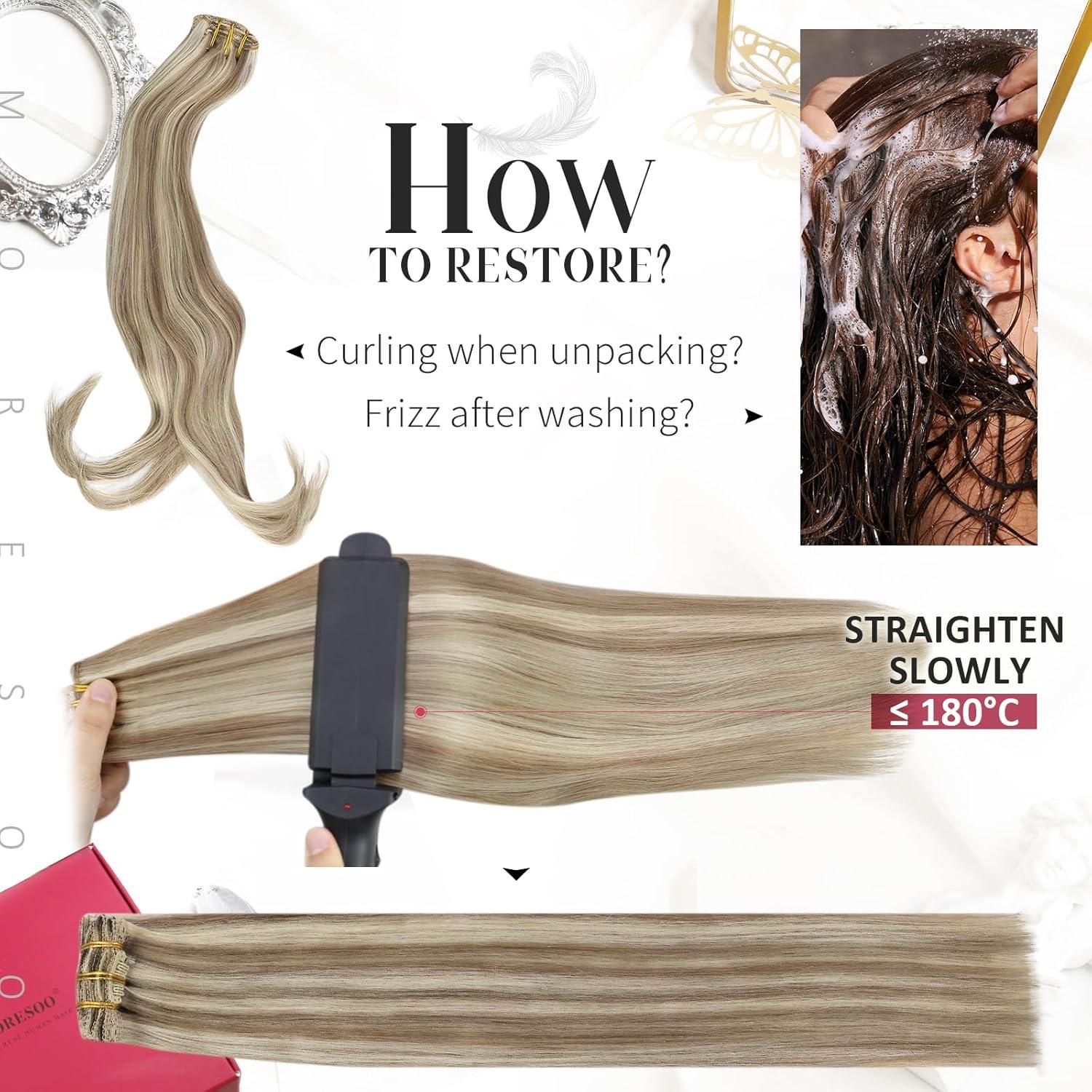 imageMoresoo Clip in Hair Extensions Human Hair Light Brown with Blonde Real Hair Extensions Clip in Human Hair Blonde Highlight 2packs 16inch