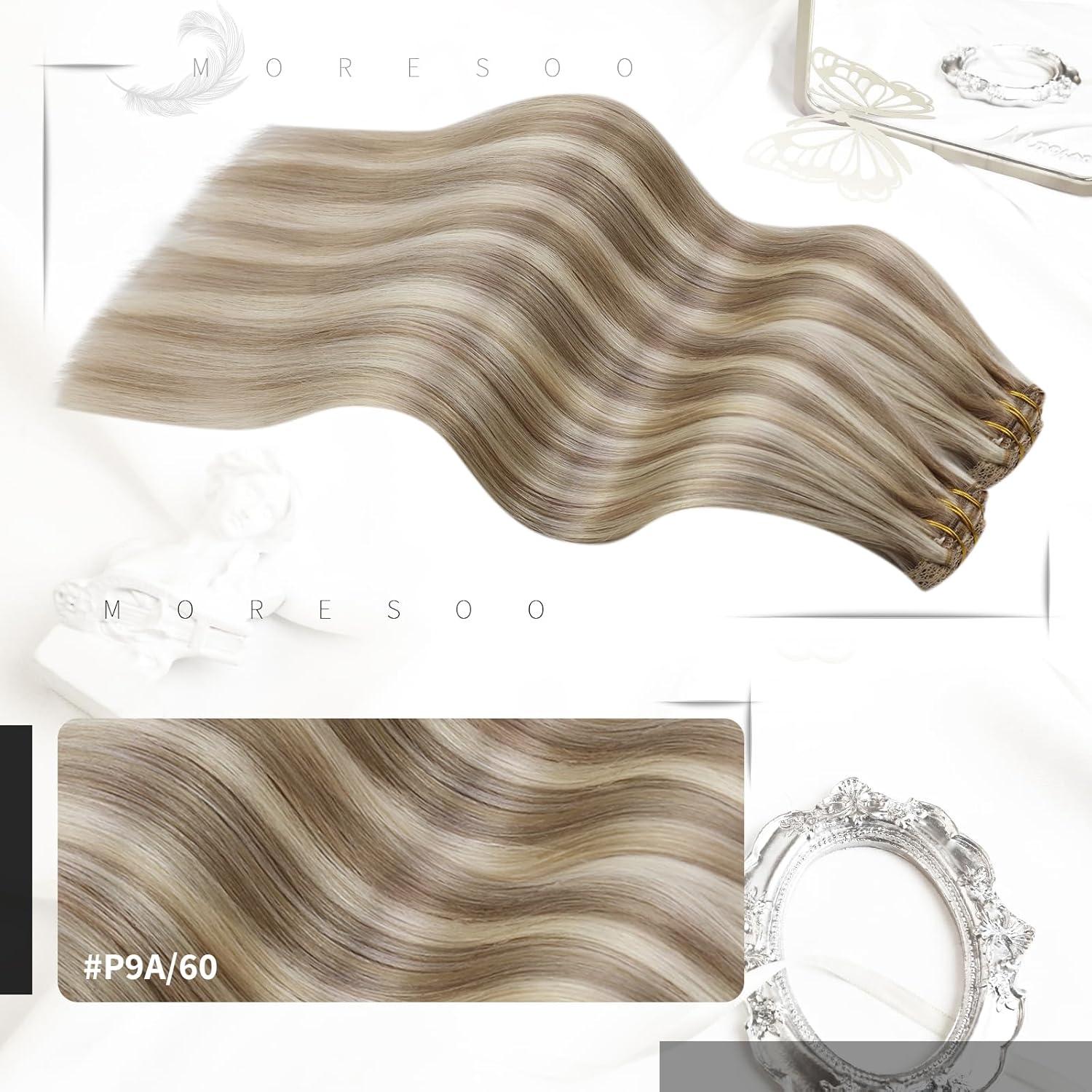 imageMoresoo Clip in Hair Extensions Human Hair Light Brown with Blonde Real Hair Extensions Clip in Human Hair Blonde Highlight 2packs 16inch