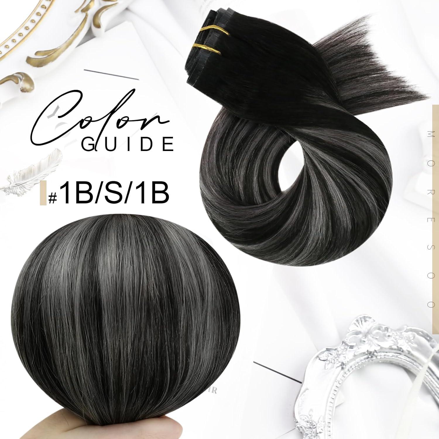 imageMoresoo Seamless Clip in Hair Extensions Human Hair Balayage Black Silver Human Hair Clip in Extensions Ombre Silver 2packs 14inch with 16inch