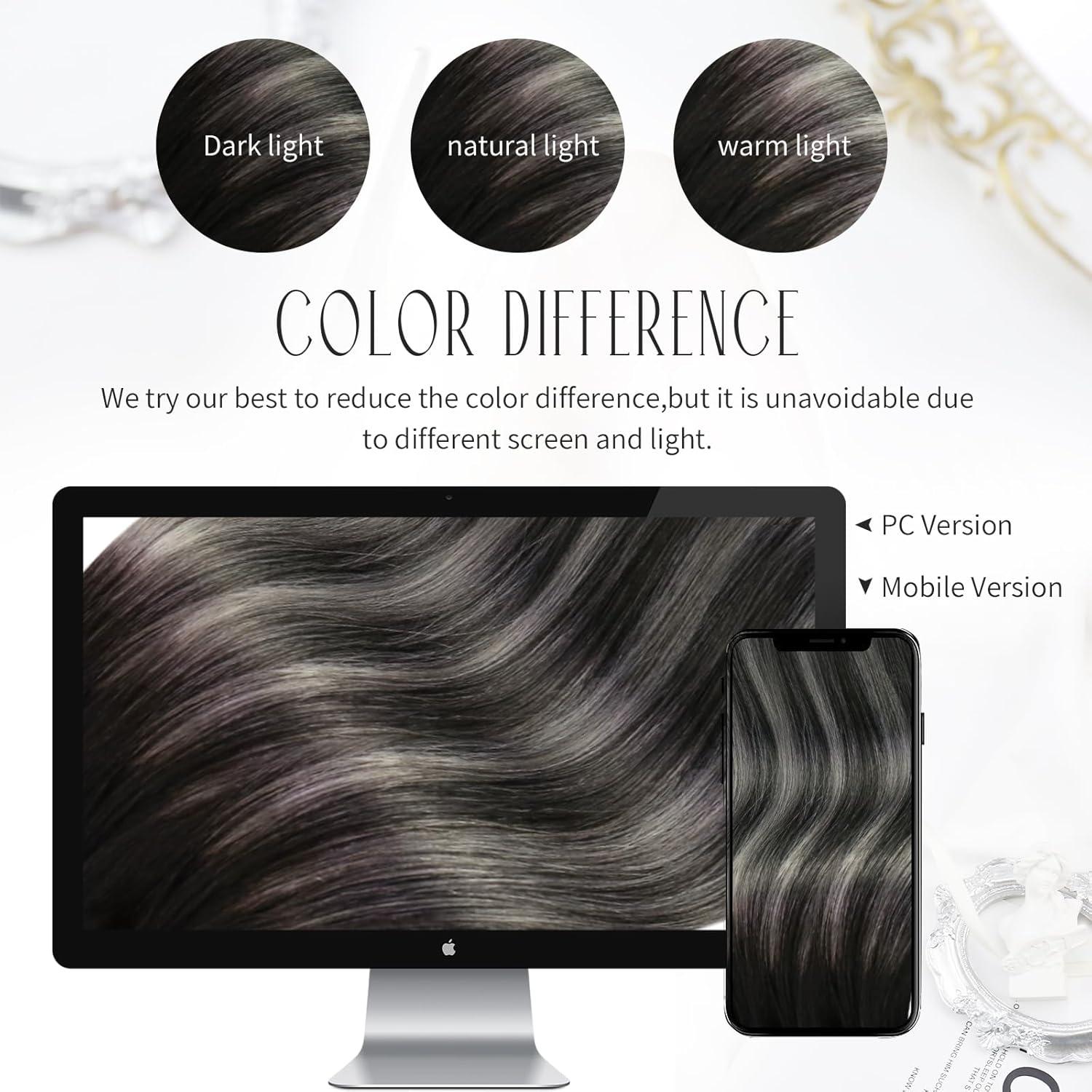 imageMoresoo Seamless Clip in Hair Extensions Human Hair Balayage Black Silver Human Hair Clip in Extensions Ombre Silver 2packs 14inch with 16inch