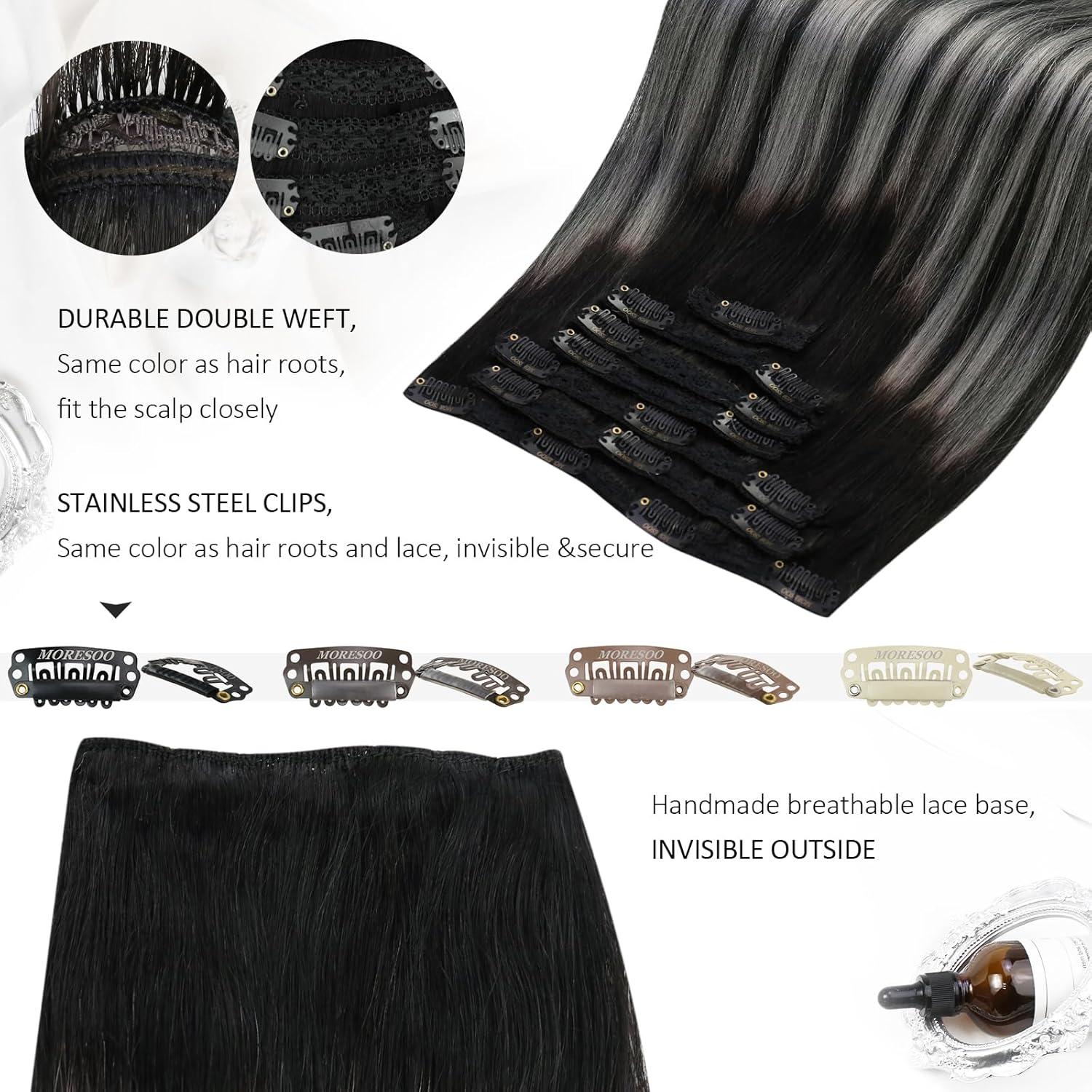 imageMoresoo Seamless Clip in Hair Extensions Human Hair Balayage Black Silver Human Hair Clip in Extensions Ombre Silver 2packs 14inch with 16inch