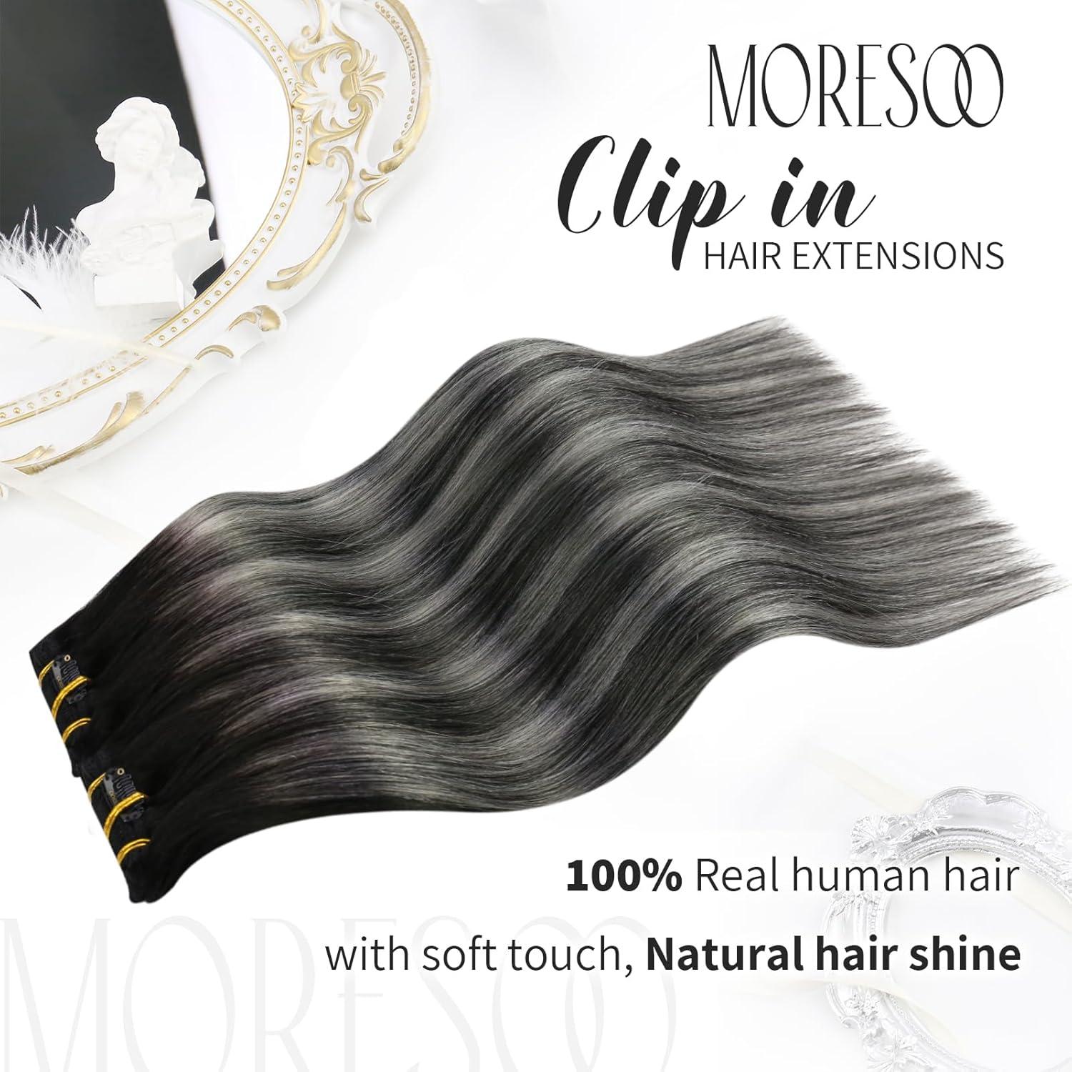 imageMoresoo Seamless Clip in Hair Extensions Human Hair Balayage Black Silver Human Hair Clip in Extensions Ombre Silver 2packs 14inch with 16inch