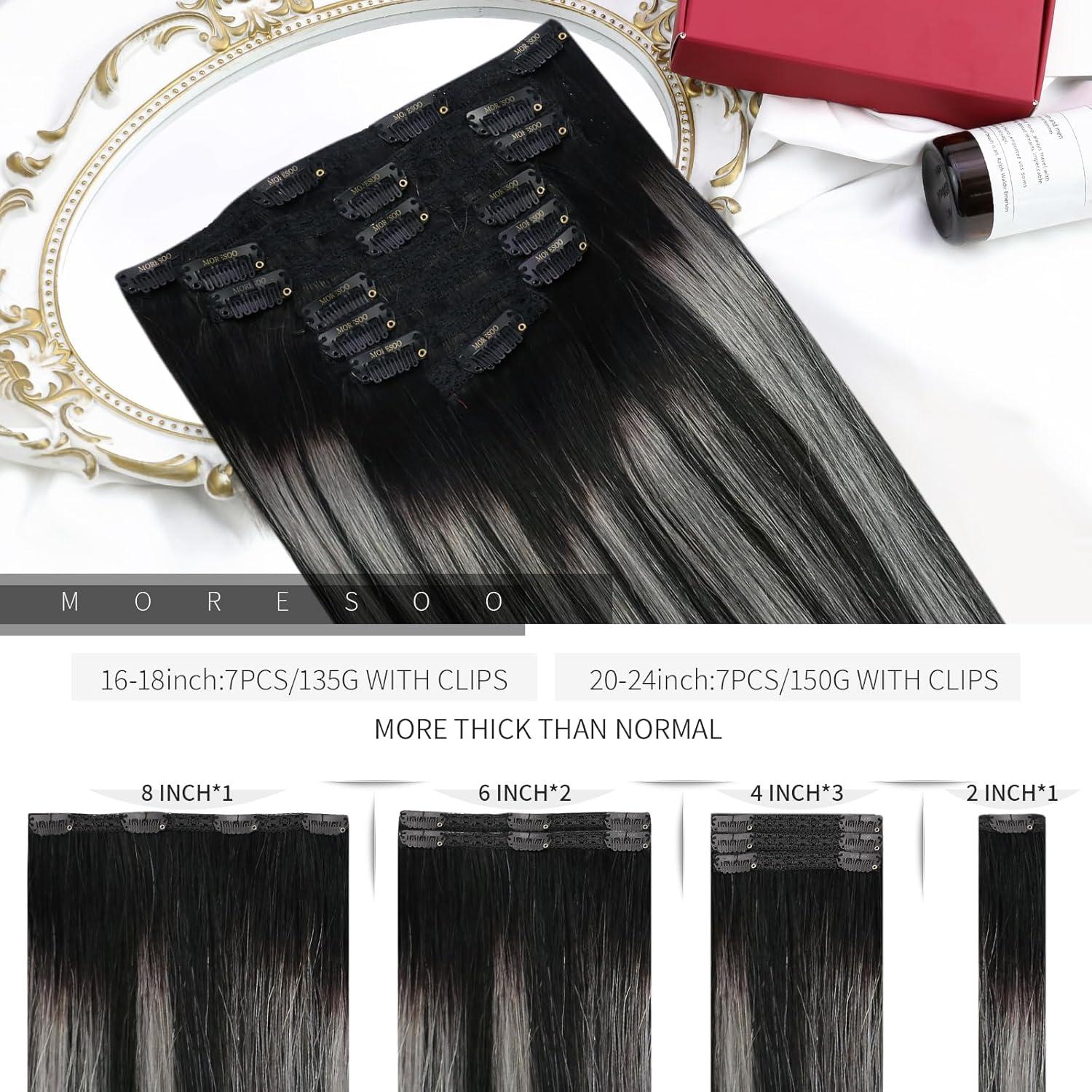 imageMoresoo Seamless Clip in Hair Extensions Human Hair Balayage Black Silver Human Hair Clip in Extensions Ombre Silver 2packs 14inch with 16inch