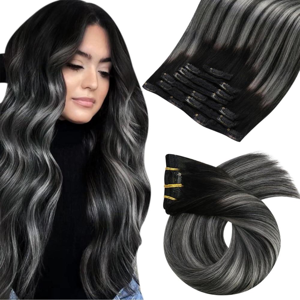 imageMoresoo Clip in Hair Extensions Human Hair Balayage Black with Silver Real Hair Extensions Clip in Human Hair 2packs 20inch22inch