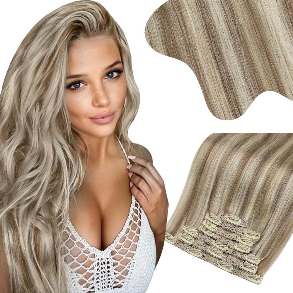 imageMoresoo Clip in Hair Extensions Human Hair Light Brown with Blonde Real Hair Extensions Clip in Human Hair Blonde Highlight 2packs 16inch