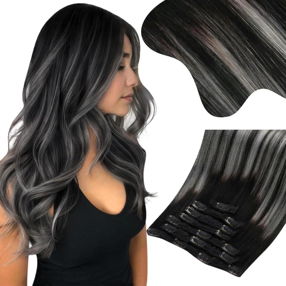 imageMoresoo Seamless Clip in Hair Extensions Human Hair Balayage Black Silver Human Hair Clip in Extensions Ombre Silver 2packs 14inch with 16inch