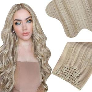 Moresoo Seamless Clip in Hair Extensions Human Hair Ash Blonde Highlight Human Hair Clip in Extensions blonde 2packs 18inch