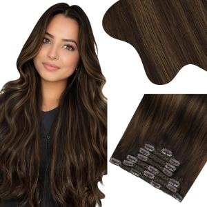 Moresoo Seamless Clip in Hair Extensions Human Hair Balayage Brown Human Hair Clip in Extensions Ombre 2packs 20inch