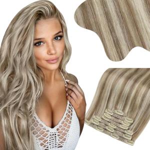Moresoo Seamless Clip in Hair Extensions Human Hair Blonde Highlight Human Hair Clip in Extensions blonde 2packs 16inch