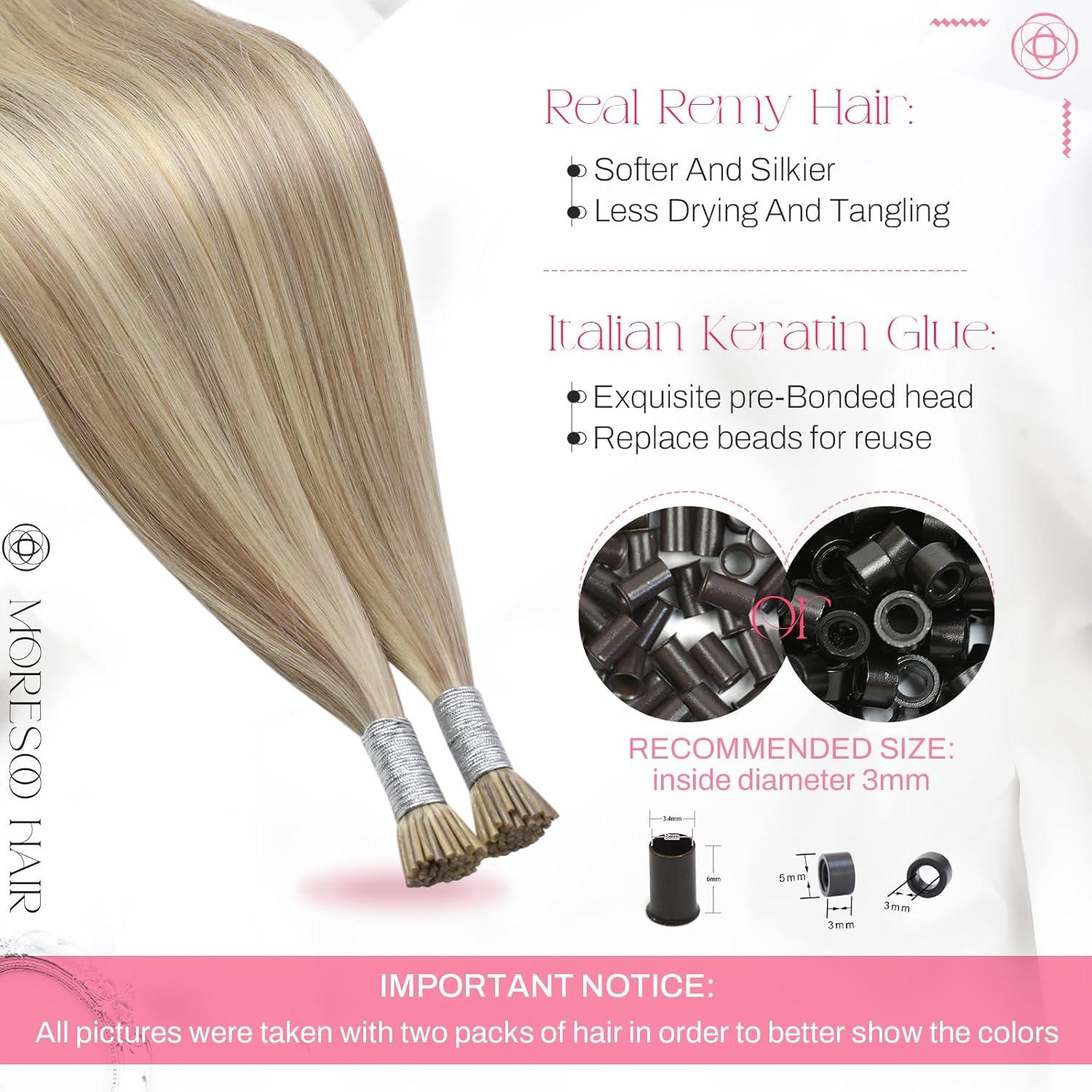 imageMoresoo I Tip Hair Extensions Human Hair Highlight Honey Blonde and Ash Blonde Itip Hair Extensions Real Human Hair Long Straight 40G50S 24Inch