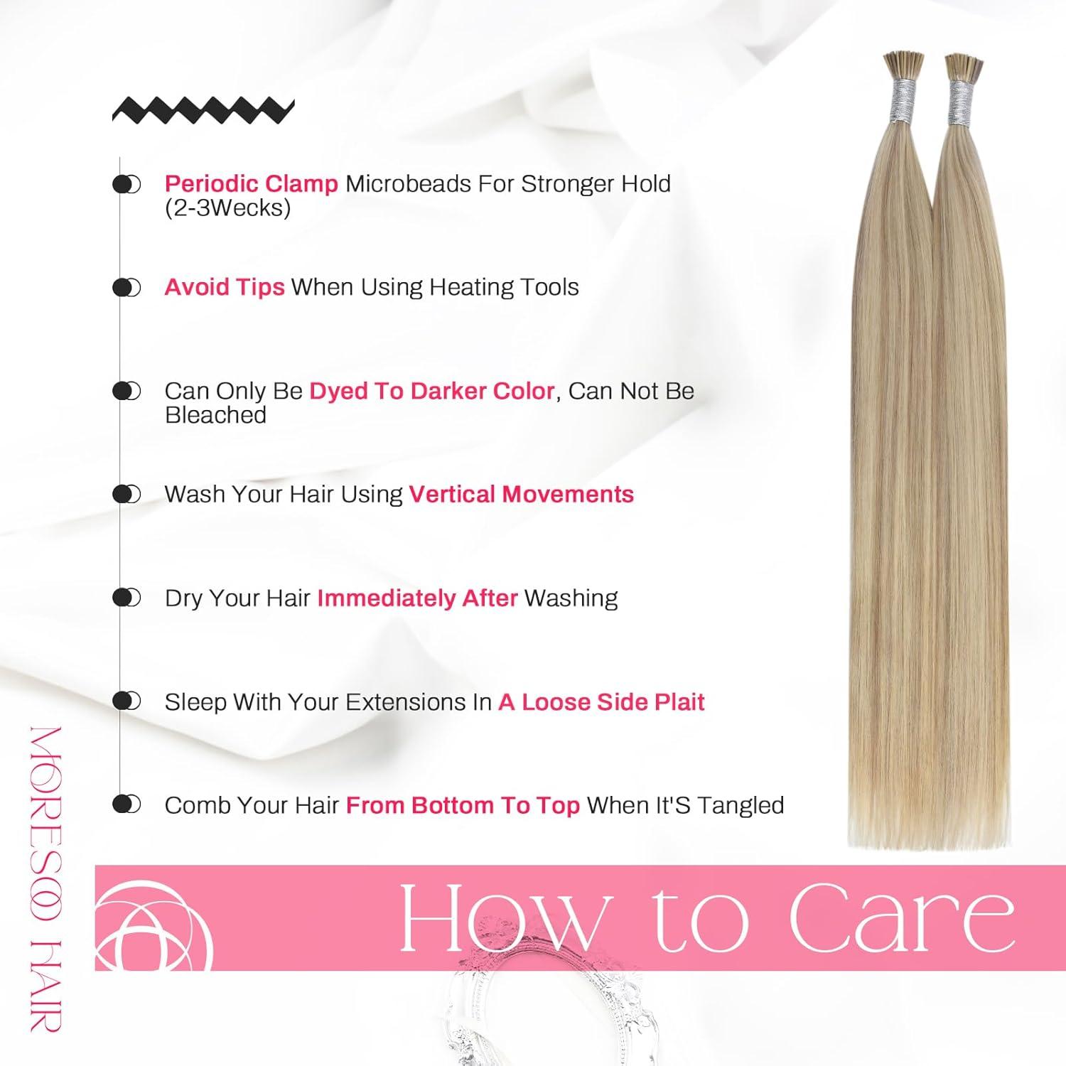 imageMoresoo I Tip Hair Extensions Human Hair Highlight Honey Blonde and Ash Blonde Itip Hair Extensions Real Human Hair Long Straight 40G50S 24Inch