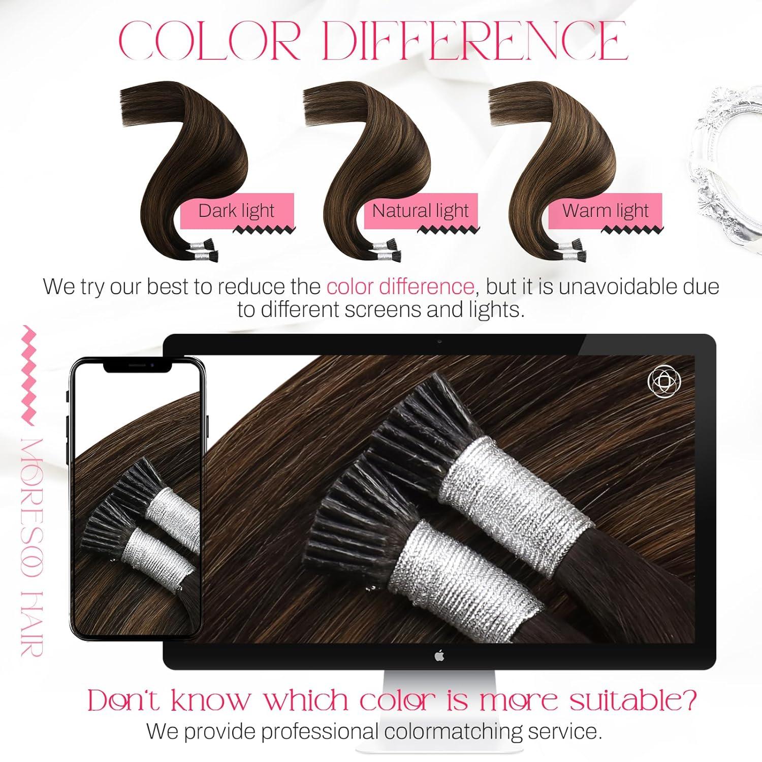 imageMoresoo I Tip Hair Extensions Human Hair Ombre Dark Brown to Chestnut Brown Stick Tip Hair Extensions Human Hair 40g50s 16inch