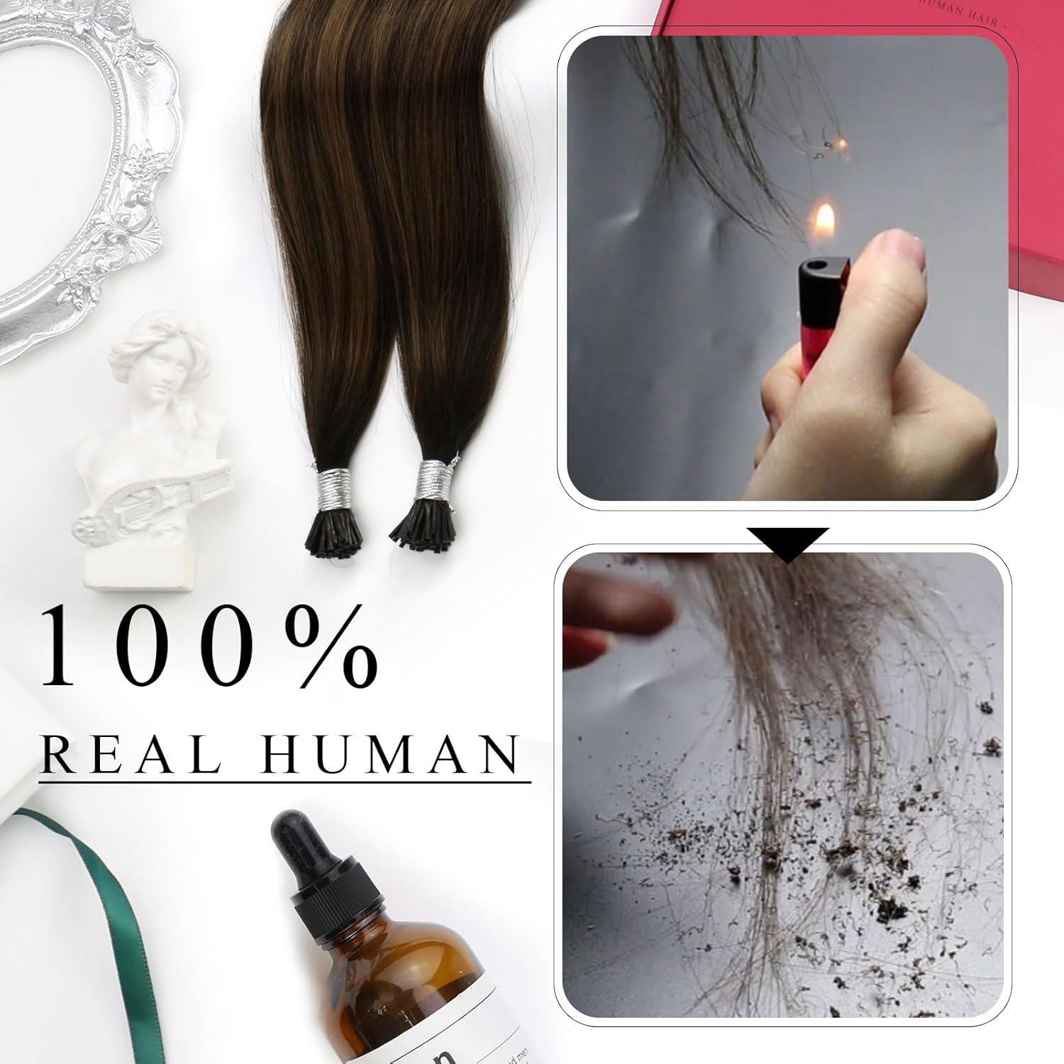 imageMoresoo I Tip Hair Extensions Human Hair Ombre Dark Brown to Chestnut Brown Stick Tip Hair Extensions Human Hair 40g50s 16inch