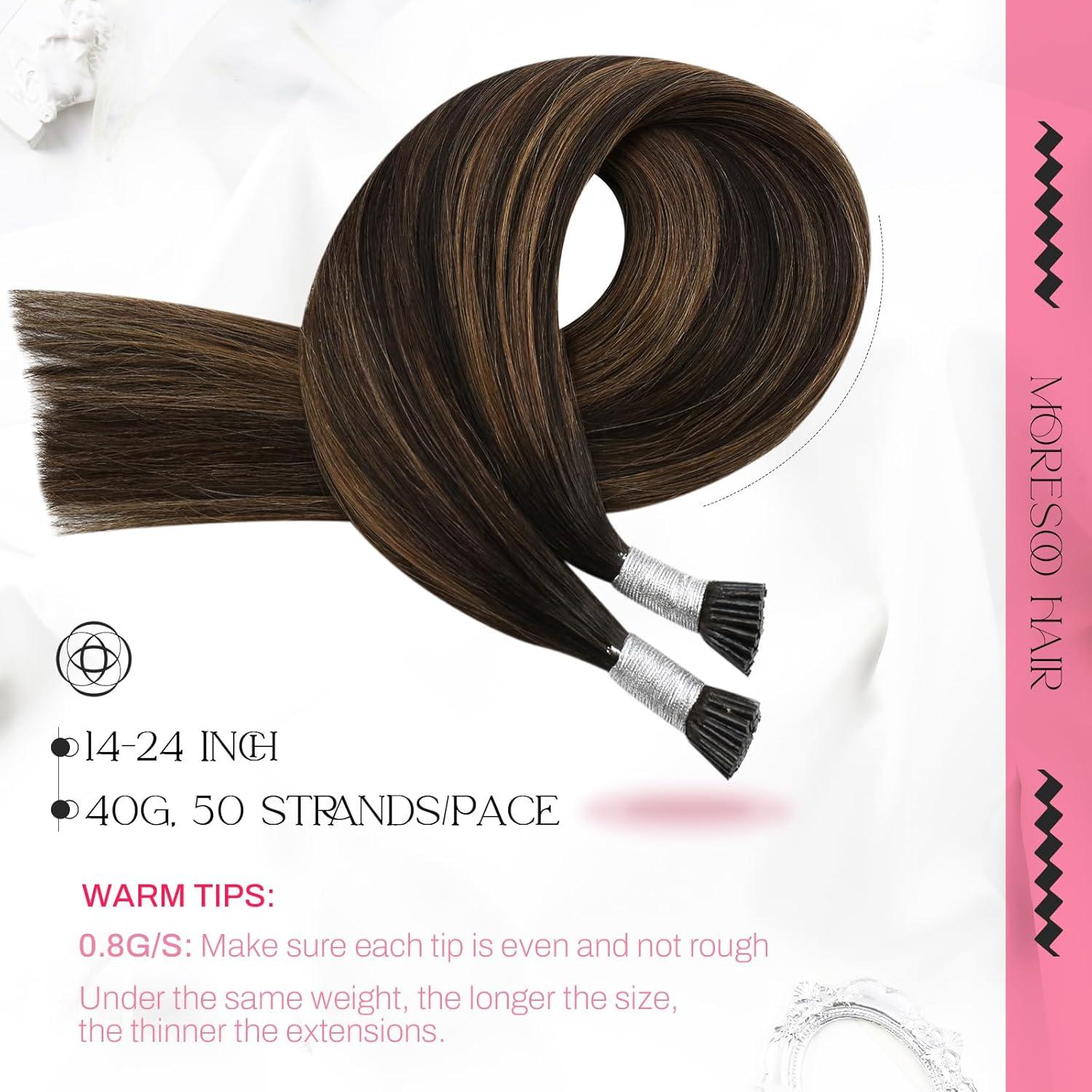 imageMoresoo I Tip Hair Extensions Human Hair Ombre Dark Brown to Chestnut Brown Stick Tip Hair Extensions Human Hair 40g50s 16inch
