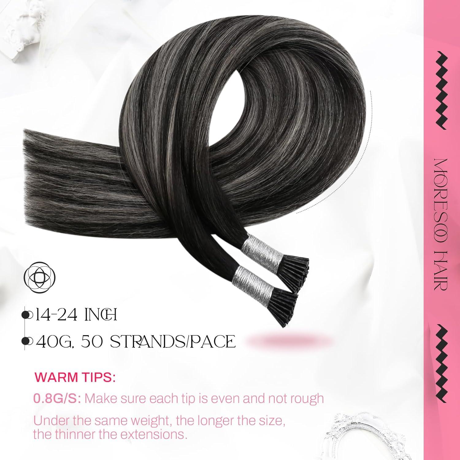 imageMoresoo I Tip Hair Extensions Ombre Natural Black to Silver Itip Human Hair Extensions Black Pre Bonded Extensions Human Hair Long Hair 40G 50S 22Inch