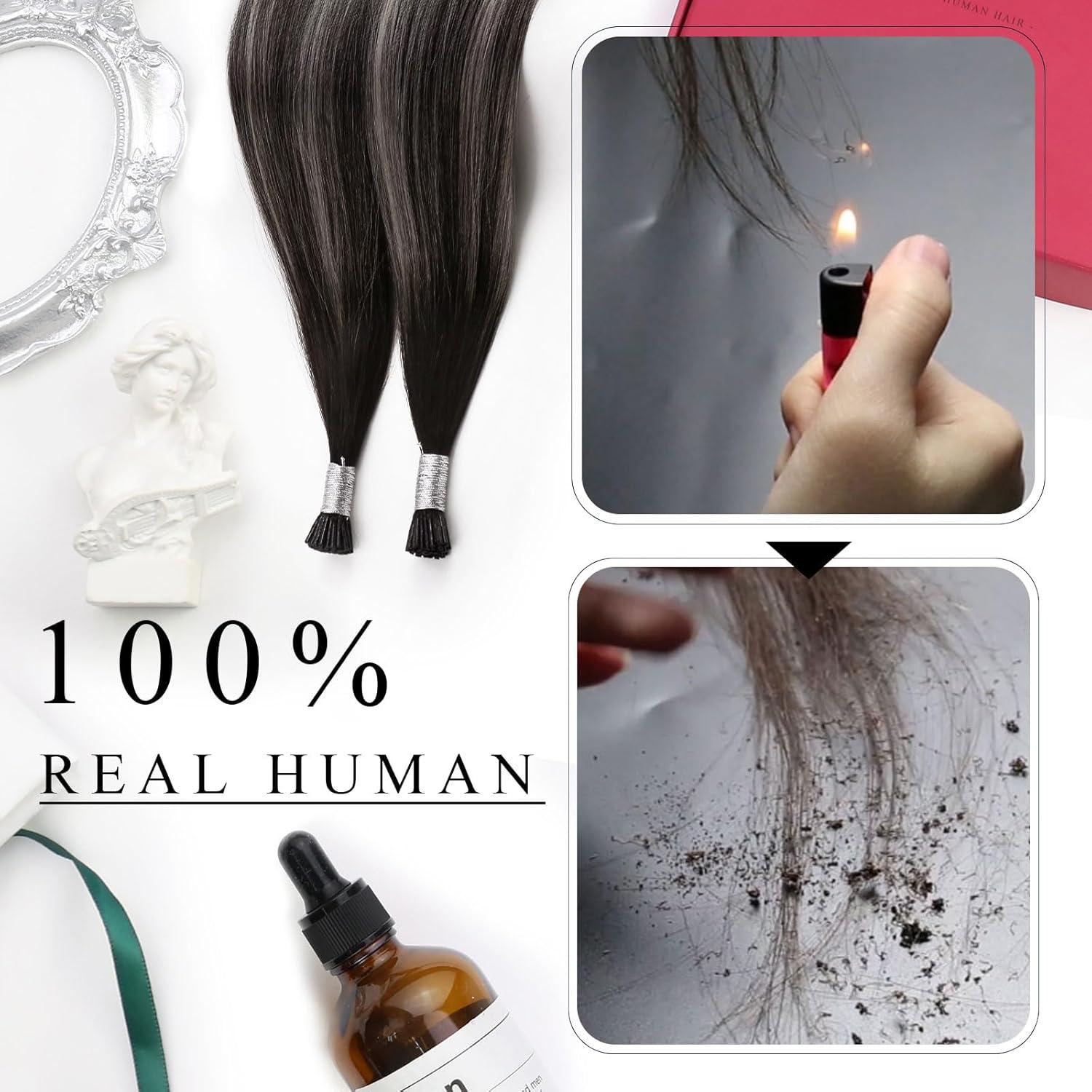 imageMoresoo I Tip Hair Extensions Ombre Natural Black to Silver Itip Human Hair Extensions Black Pre Bonded Extensions Human Hair Long Hair 40G 50S 22Inch