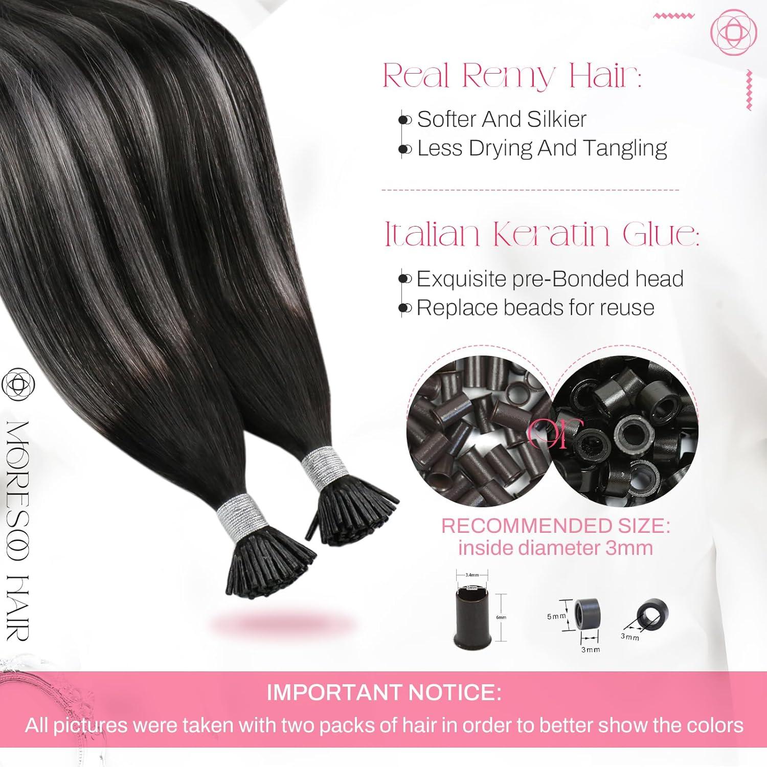 imageMoresoo I Tip Hair Extensions Ombre Natural Black to Silver Itip Human Hair Extensions Black Pre Bonded Extensions Human Hair Long Hair 40G 50S 22Inch
