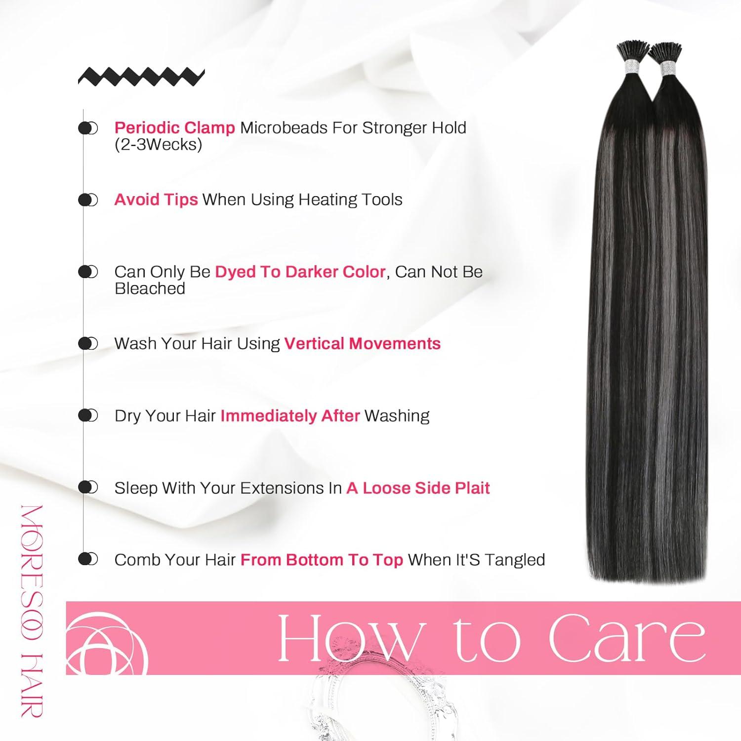 imageMoresoo I Tip Hair Extensions Ombre Natural Black to Silver Itip Human Hair Extensions Black Pre Bonded Extensions Human Hair Long Hair 40G 50S 22Inch