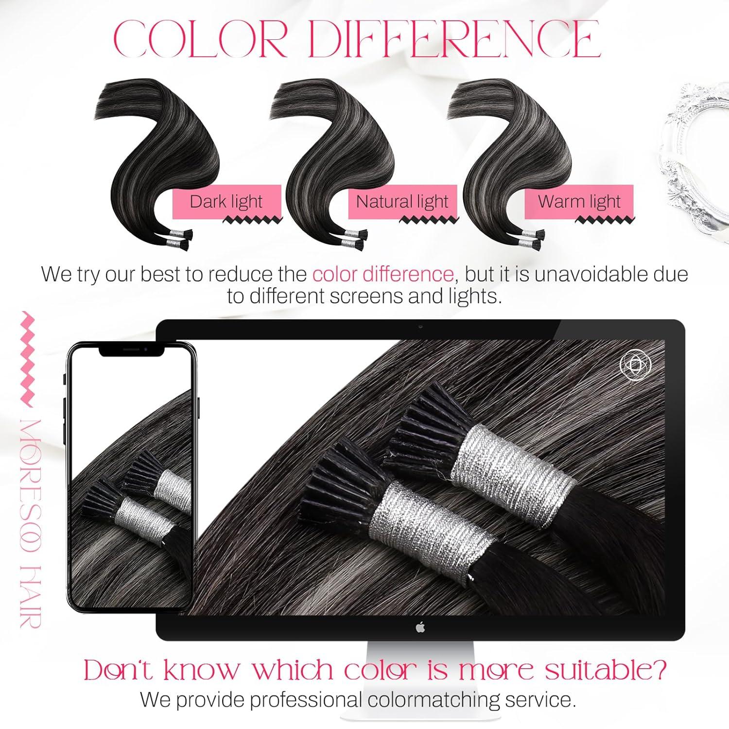 imageMoresoo I Tip Hair Extensions Ombre Natural Black to Silver Itip Human Hair Extensions Black Pre Bonded Extensions Human Hair Long Hair 40G 50S 22Inch