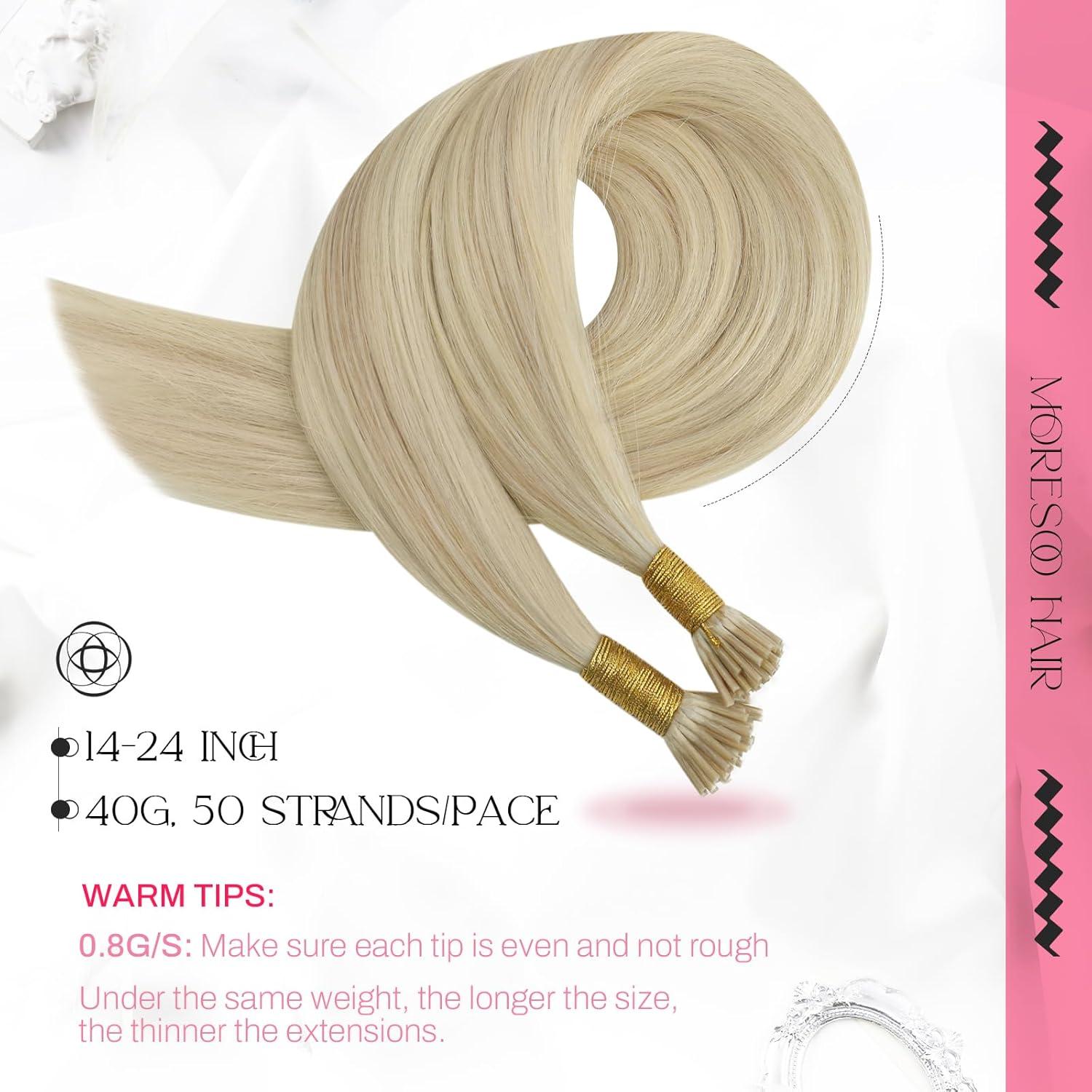 imageMoresoo I Tip Human Hair Extensions Ash Blonde Highlight Platinum Blonde I Tip Hair Extensions Human Hair Ash Blonde 24 inch Stick Tip Extensions Long Straight 40g50s