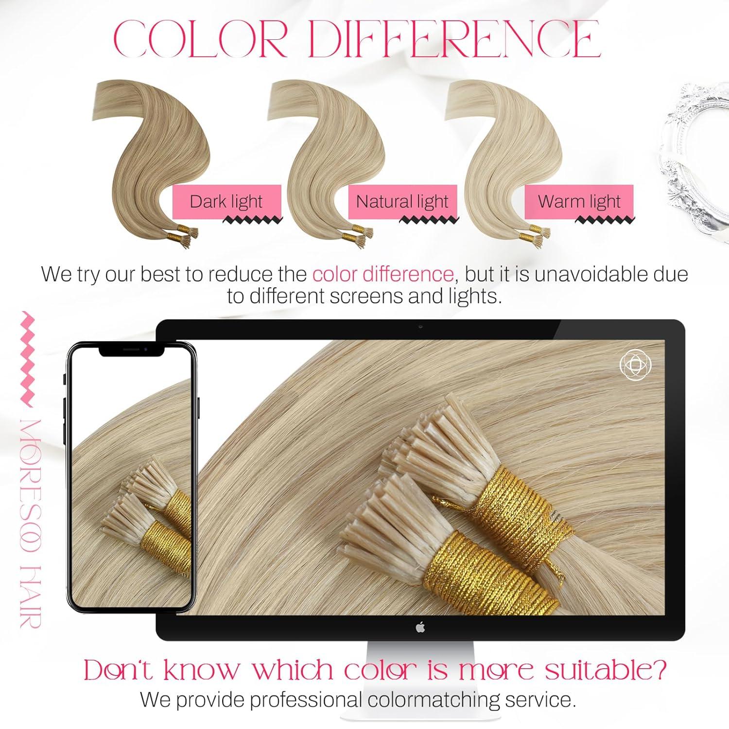 imageMoresoo I Tips Hair Extensions Human Hair Ash Blonde with Bleach Blonde Highlight Pre Bonded Hair Extensions Human Hair Straight 40G50S 14Inch