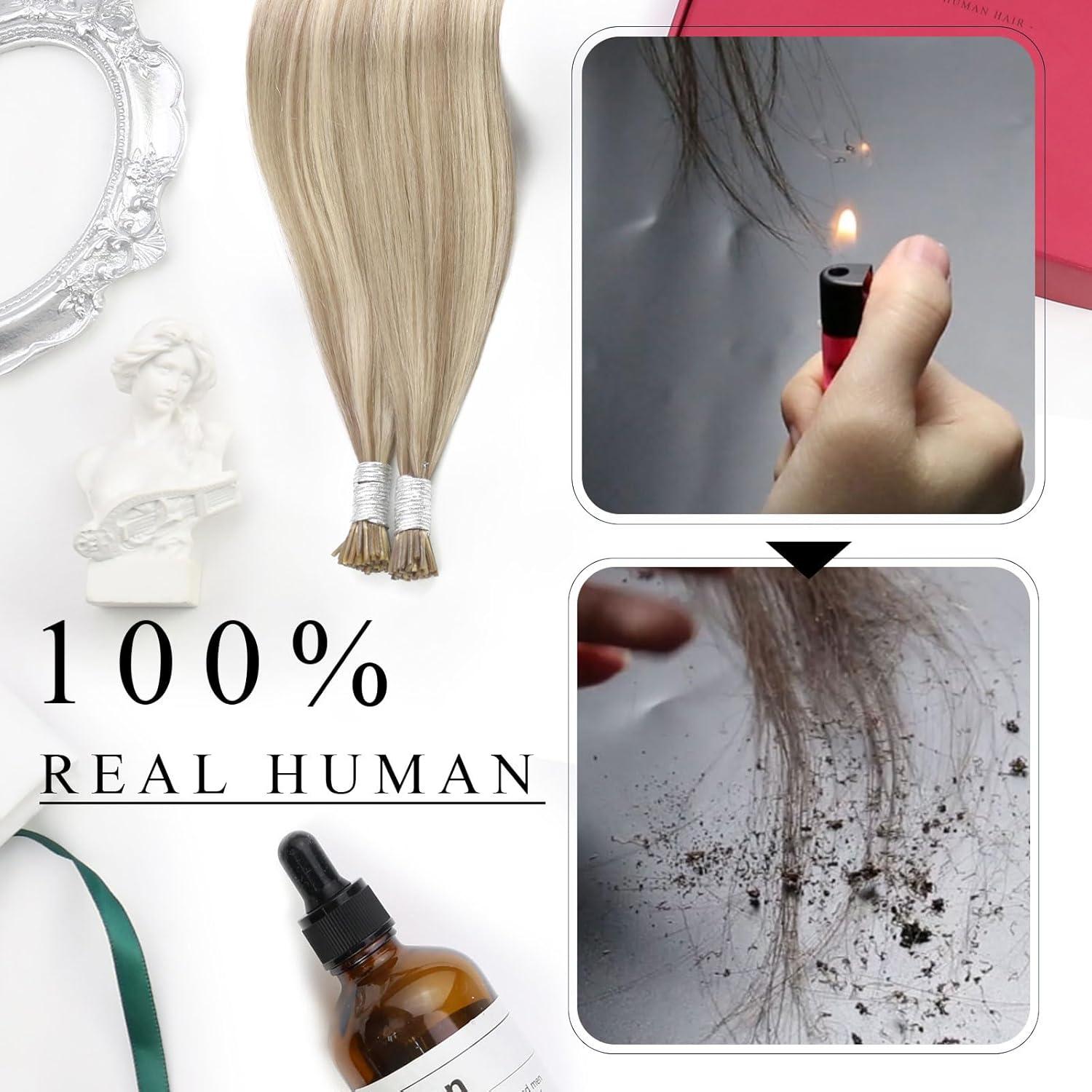 imageMoresoo I Tips Hair Extensions Human Hair Ash Blonde with Bleach Blonde Highlight Pre Bonded Hair Extensions Human Hair Straight 40G50S 14Inch