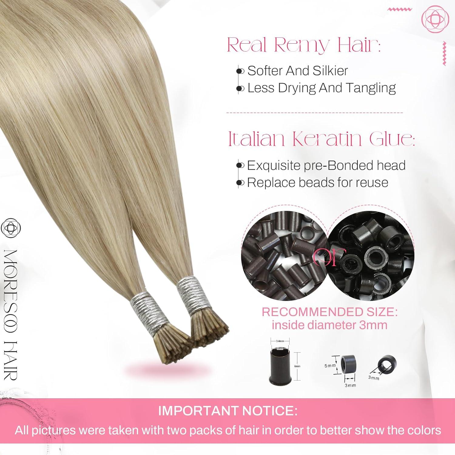 imageMoresoo I Tips Hair Extensions Human Hair Ash Blonde with Bleach Blonde Highlight Pre Bonded Hair Extensions Human Hair Straight 40G50S 14Inch