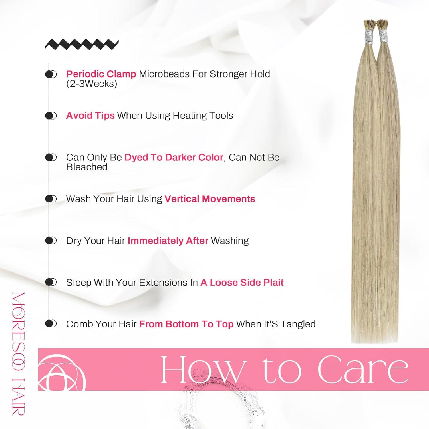imageMoresoo I Tips Hair Extensions Human Hair Ash Blonde with Bleach Blonde Highlight Pre Bonded Hair Extensions Human Hair Straight 40G50S 14Inch