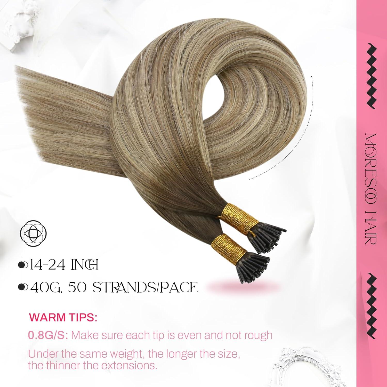 imageMoresoo Itip Human Hair Extensions Ash Brown Itip Real Remy Hair Extensions Balayage Dark Brown to Dirty Blonde Stick Tip Extensions Human Hair 40g50s 20 inch