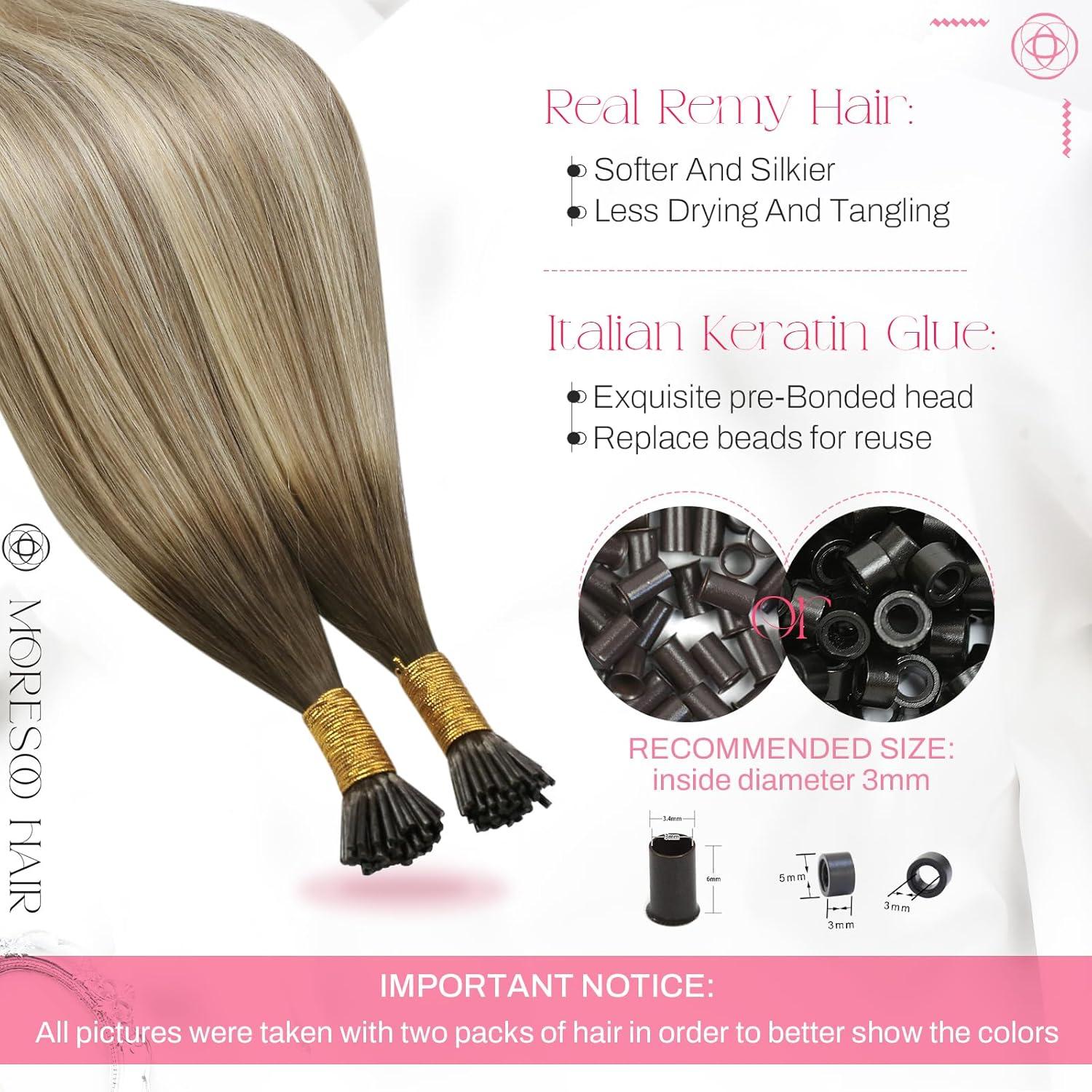 imageMoresoo Itip Human Hair Extensions Ash Brown Itip Real Remy Hair Extensions Balayage Dark Brown to Dirty Blonde Stick Tip Extensions Human Hair 40g50s 20 inch