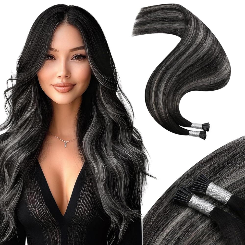 imageMoresoo I Tip Hair Extensions Ombre Natural Black to Silver Itip Human Hair Extensions Black Pre Bonded Extensions Human Hair Long Hair 40G 50S 22Inch