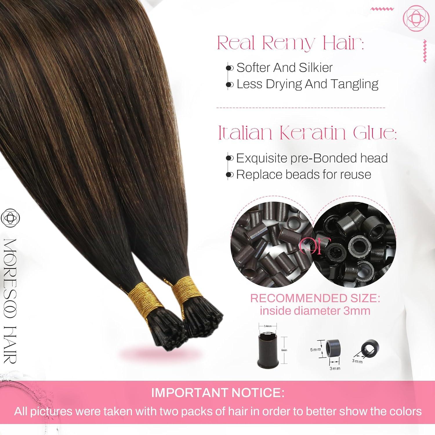 imageMoresoo I Tip Hair Extensions Human Hair Dark Brown to Chestnut Brown Balayage I Tip Extensions Human Hair Long Straight 20inch 08gs 40g50s