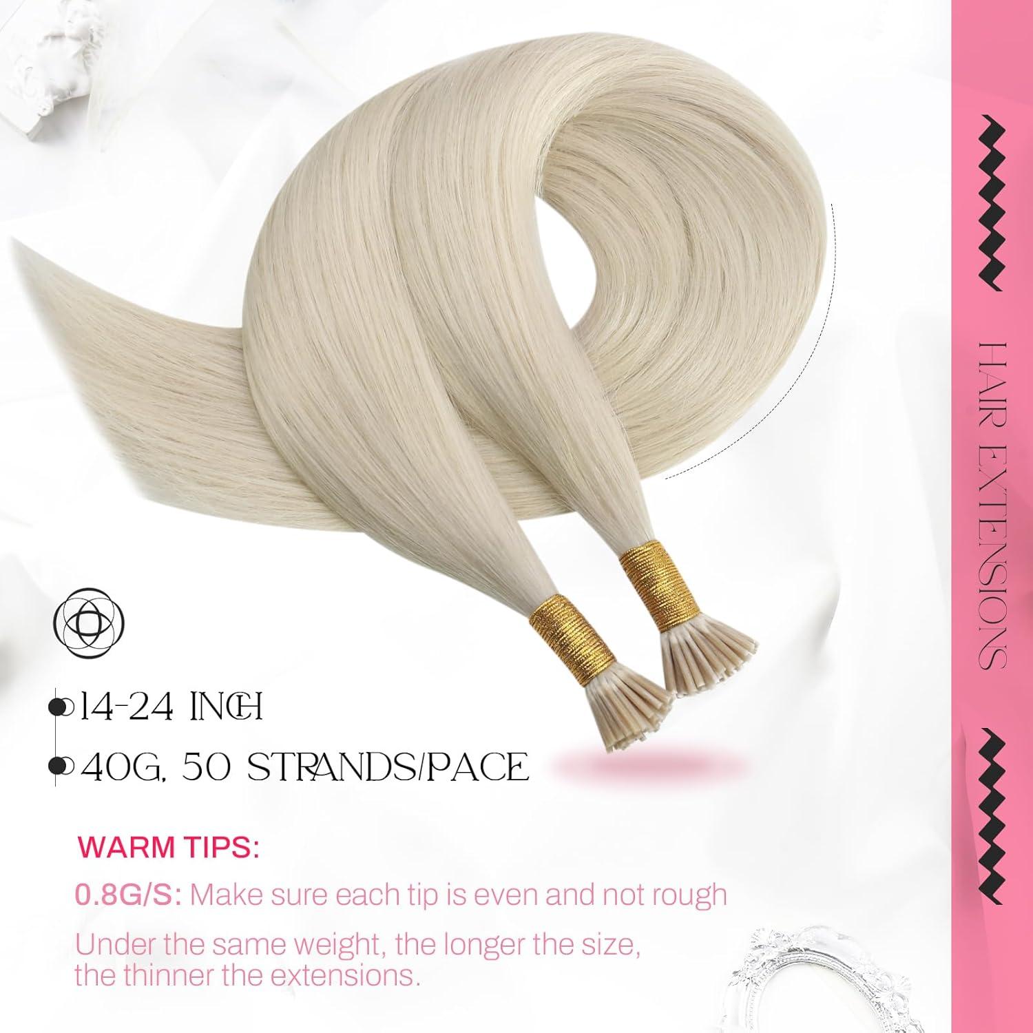 imageMoresoo I Tip Hair Extensions Human Hair Platinum Blonde I Tips Human Hair Extensions Invisible Add Length Straight 08GS 50S 20 Inch