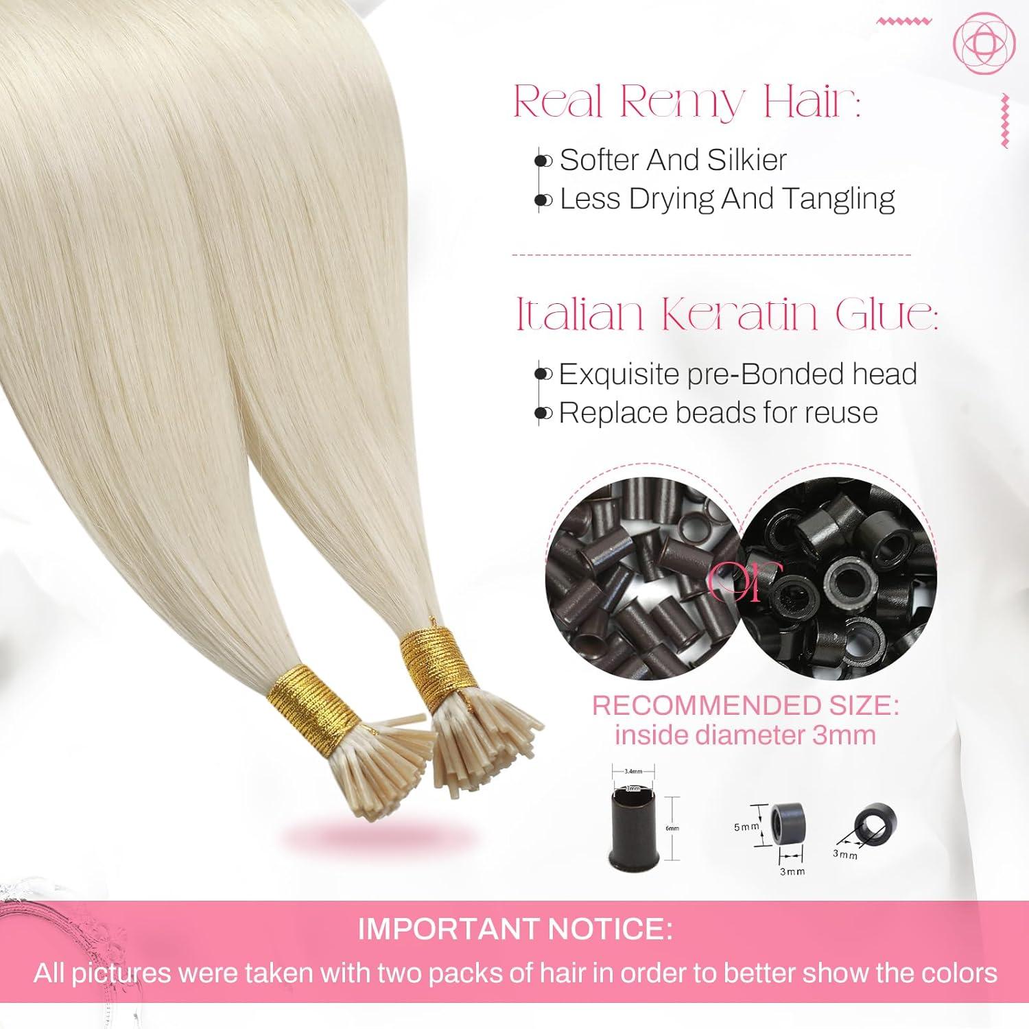 imageMoresoo I Tip Hair Extensions Human Hair Platinum Blonde I Tips Human Hair Extensions Invisible Add Length Straight 08GS 50S 20 Inch