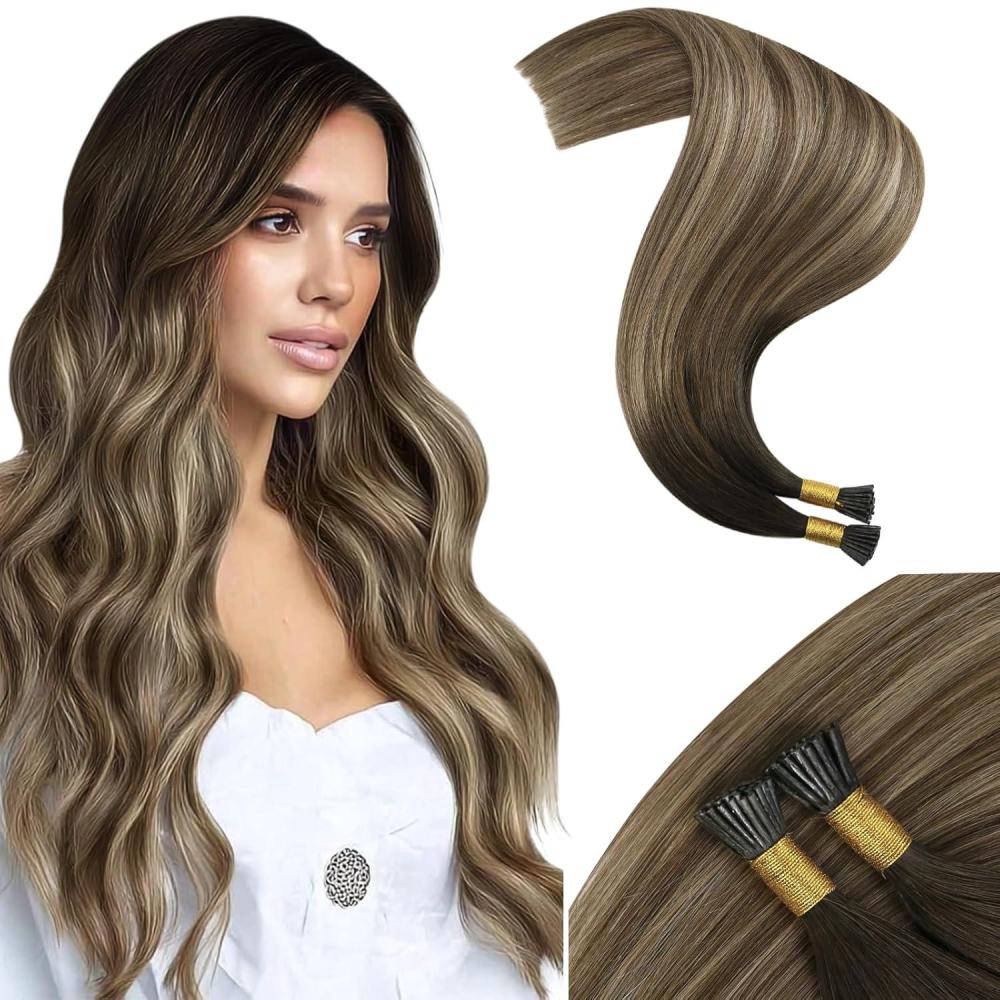 imageMoresoo Itip Hair Extension Human Hair Balayage Medium Brown to Light Brown with Blonde Hair Extensions Human Hair I Tip Silky Soft 08gs 50s 22 inch
