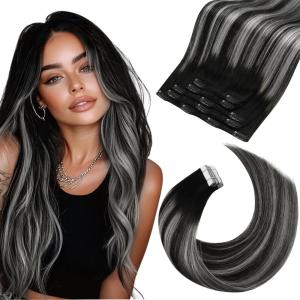 Moresoo Clip in Extensions Real Human Hair 80g/5pcs 12inch with Tape in Hair Extensions Human Hair 50g/20pcs 14 inch Balayage Natural Black to Silver Grey Bundle