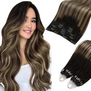 Moresoo Clip in Extensions Real Human Hair 80g/5pcs Balayage Black to Dark Brown with Blonde with Micro Link Hair Extensions 50g/50s Ombre Black to Brown with Caramel Blonde 14inch Bundle