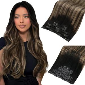 Moresoo Clip in Extensions Real Human Hair 80g/5pcs Balayage Black to Dark Brown with Blonde with Seamless Clip in Hair Extensions Ombre Black to Brown with Caramel Blonde 120g/7pcs 14inch Bundle