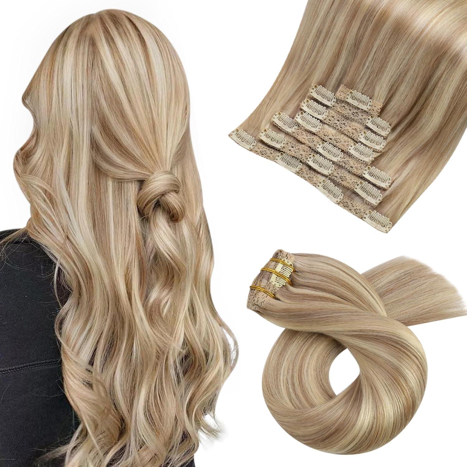 imageMoresoo Hair Extensions Clip in Human Hair 7 Pieces 120G and Weft Hair Extensions Real Human Hair 100G Bundle 20Inch Dark Ash Blonde Highlighted with Golden Blonde