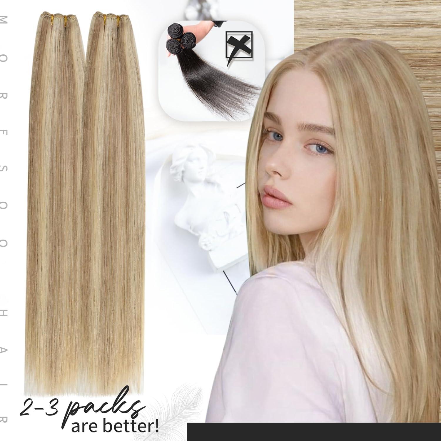 imageMoresoo Hair Extensions Clip in Human Hair 7 Pieces 120G and Weft Hair Extensions Real Human Hair 100G Bundle 20Inch Dark Ash Blonde Highlighted with Golden Blonde