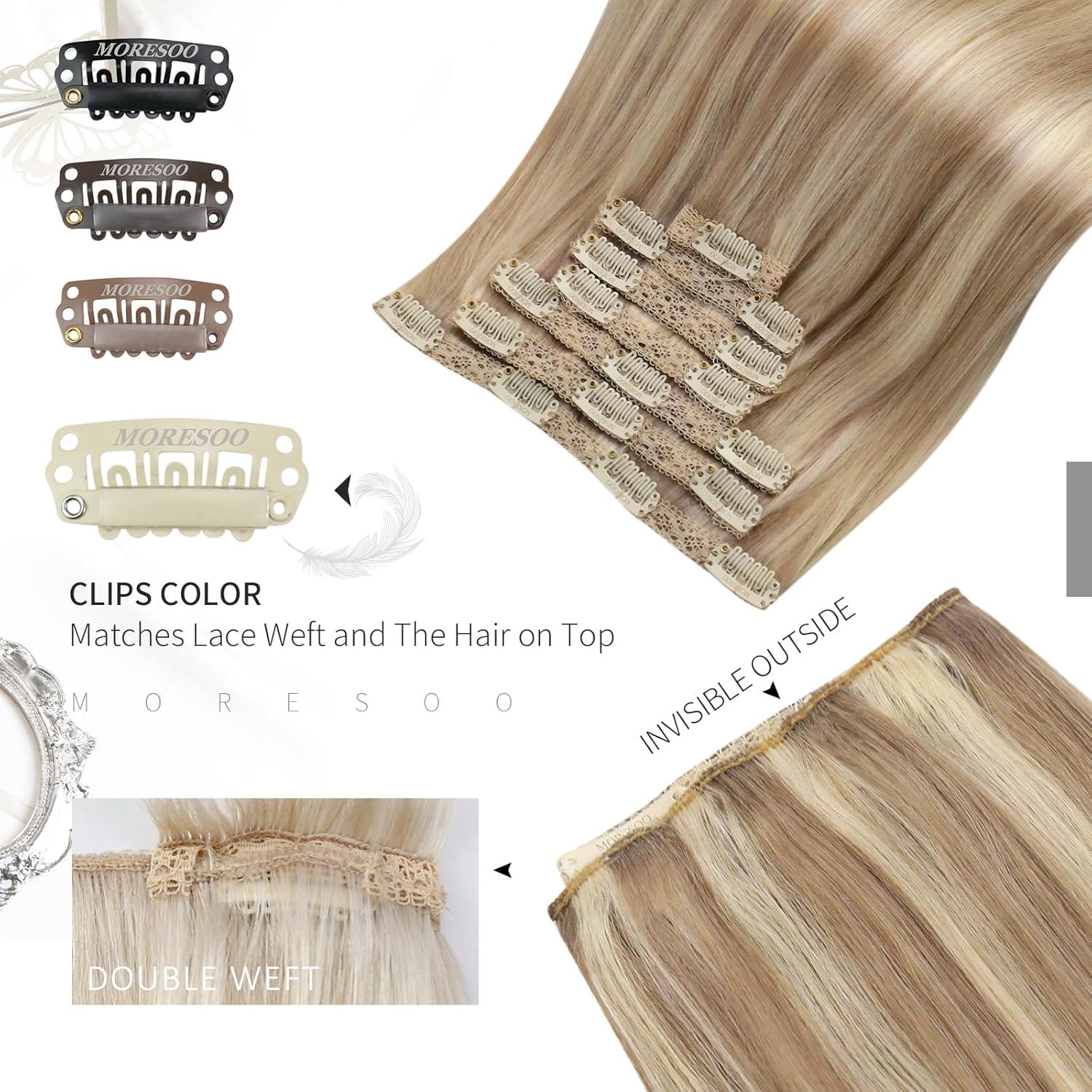imageMoresoo Hair Extensions Clip in Human Hair 7 Pieces 120G and Weft Hair Extensions Real Human Hair 100G Bundle 20Inch Dark Ash Blonde Highlighted with Golden Blonde