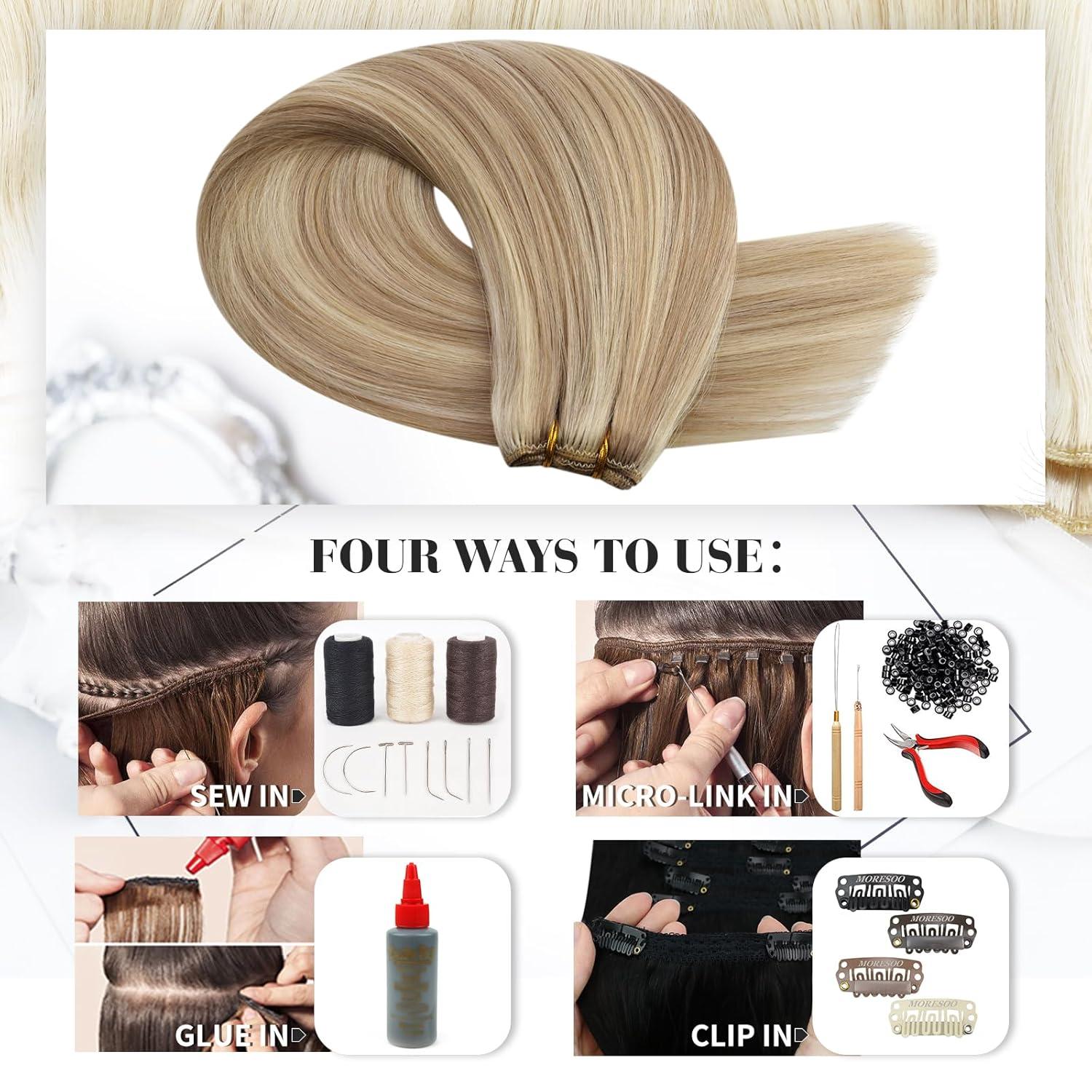 imageMoresoo Hair Extensions Clip in Human Hair 7 Pieces 120G and Weft Hair Extensions Real Human Hair 100G Bundle 20Inch Dark Ash Blonde Highlighted with Golden Blonde