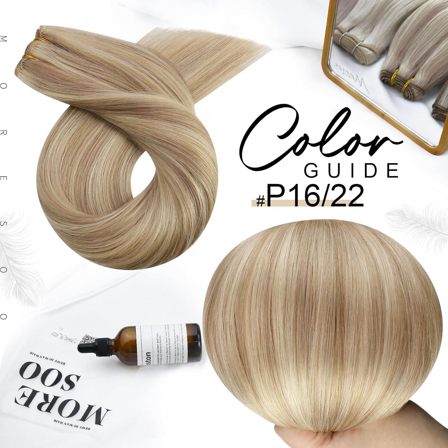 imageMoresoo Hair Extensions Clip in Human Hair 7 Pieces 120G and Weft Hair Extensions Real Human Hair 100G Bundle 20Inch Dark Ash Blonde Highlighted with Golden Blonde