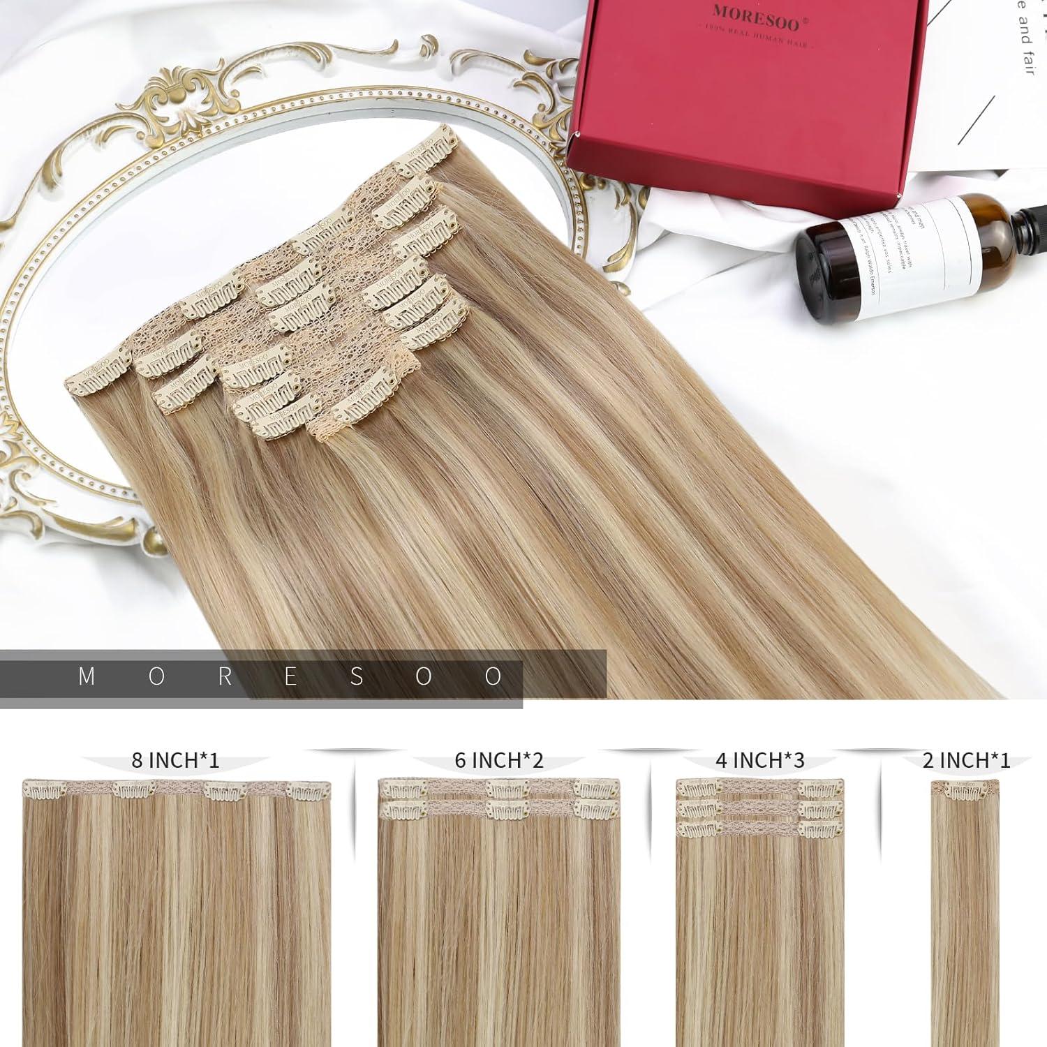 imageMoresoo Hair Extensions Clip in Human Hair 7 Pieces 120G and Weft Hair Extensions Real Human Hair 100G Bundle 20Inch Dark Ash Blonde Highlighted with Golden Blonde