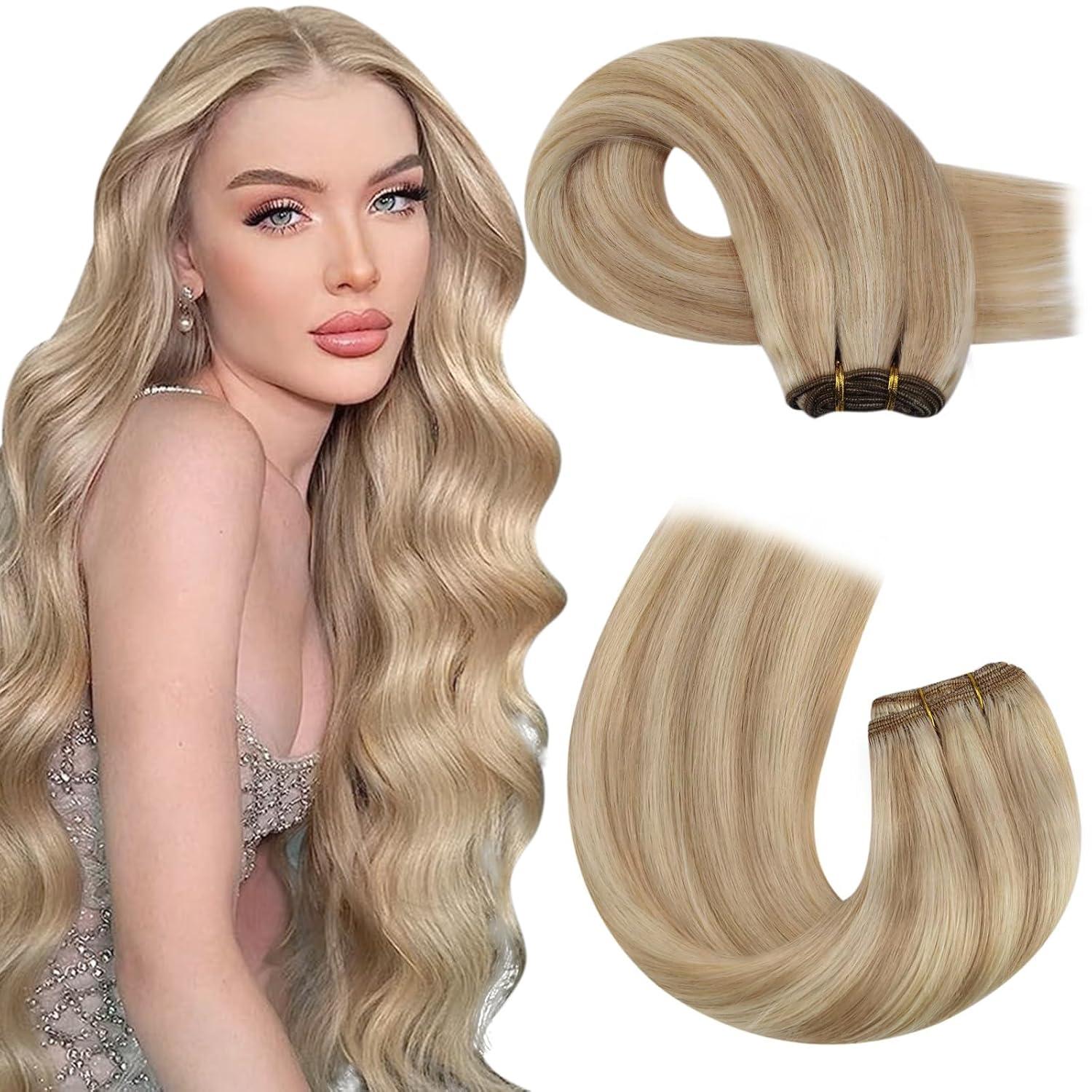 imageMoresoo Hair Extensions Clip in Human Hair 7 Pieces 120G and Weft Hair Extensions Real Human Hair 100G Bundle 20Inch Dark Ash Blonde Highlighted with Golden Blonde