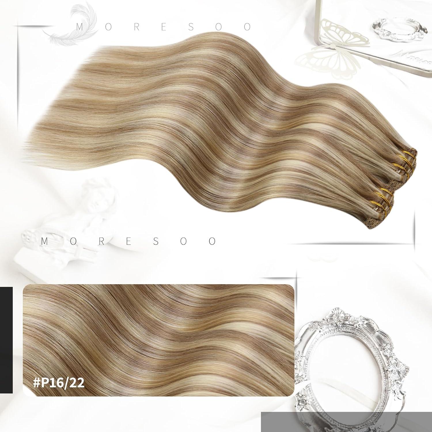 imageMoresoo Hair Extensions Clip in Human Hair 7 Pieces 120G and Weft Hair Extensions Real Human Hair 100G Bundle 20Inch Dark Ash Blonde Highlighted with Golden Blonde
