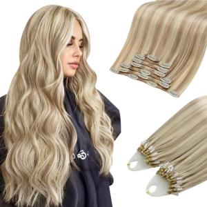 Moresoo Clip in Extensions Real Human Hair 120g/7pcs #P16/22 Highlights Warm Beige Blonde with Light Gold Blonde with Micro Link Hair Extensions 50g/50s #P18/613 Highlights Ash Blonde with Bleach Blon