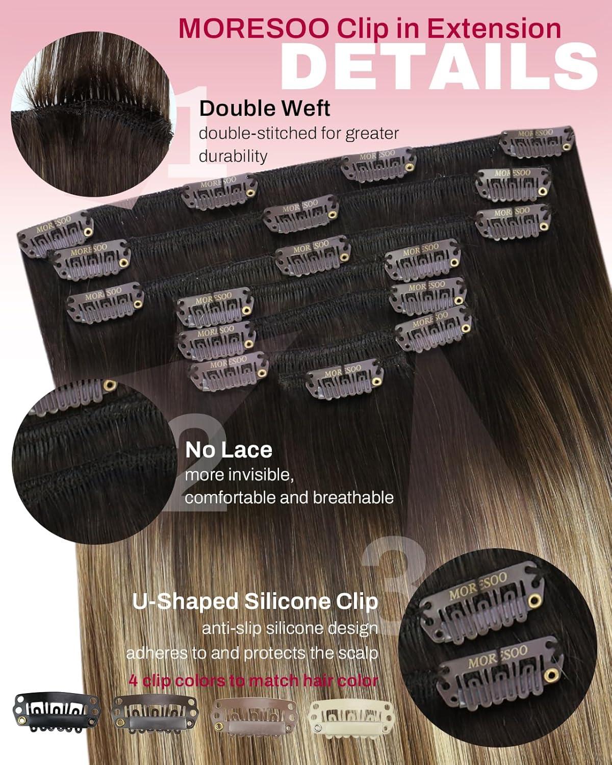 imageMoresoo Clip in Extensions Real Human Hair 120g7pcs with Micro Link Hair Extensions 50g50s 16 Inch Ombre Dark Brown to Light Brown with Bleach Blonde Bundle