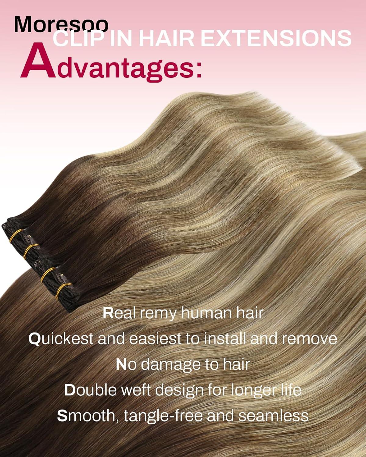 imageMoresoo Clip in Extensions Real Human Hair 120g7pcs with Micro Link Hair Extensions 50g50s 16 Inch Ombre Dark Brown to Light Brown with Bleach Blonde Bundle